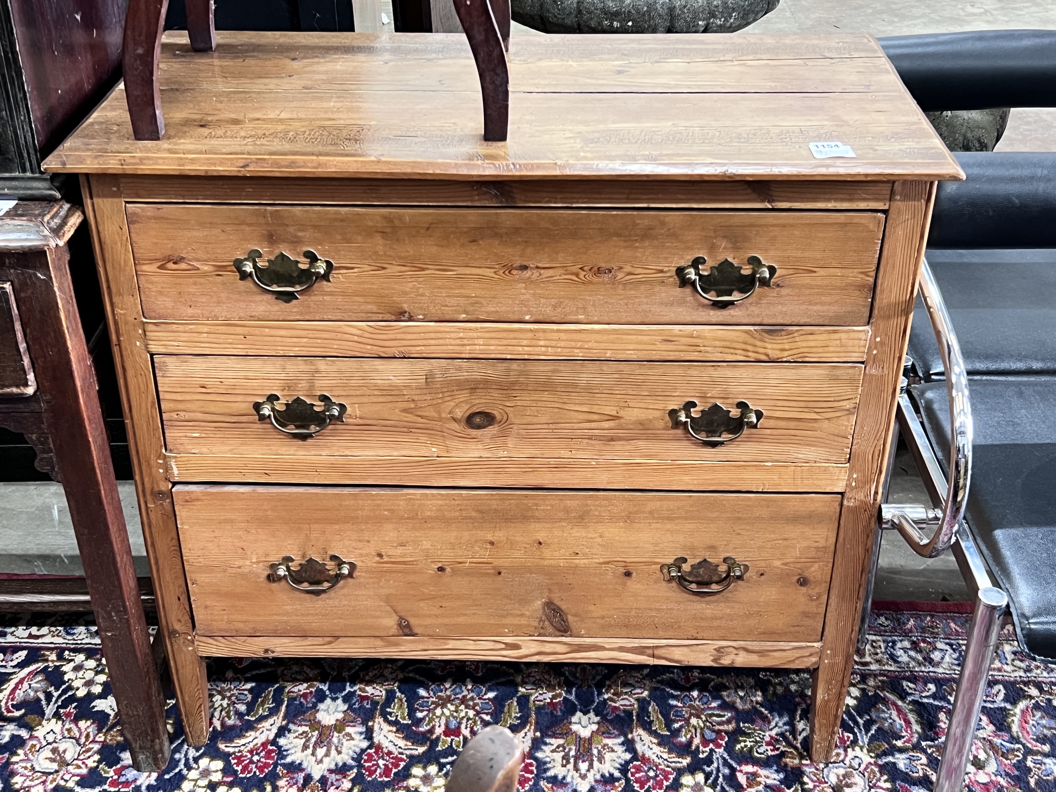 A late 19th century pine three drawer chest, width 90cm, depth 44cm, height 83cm